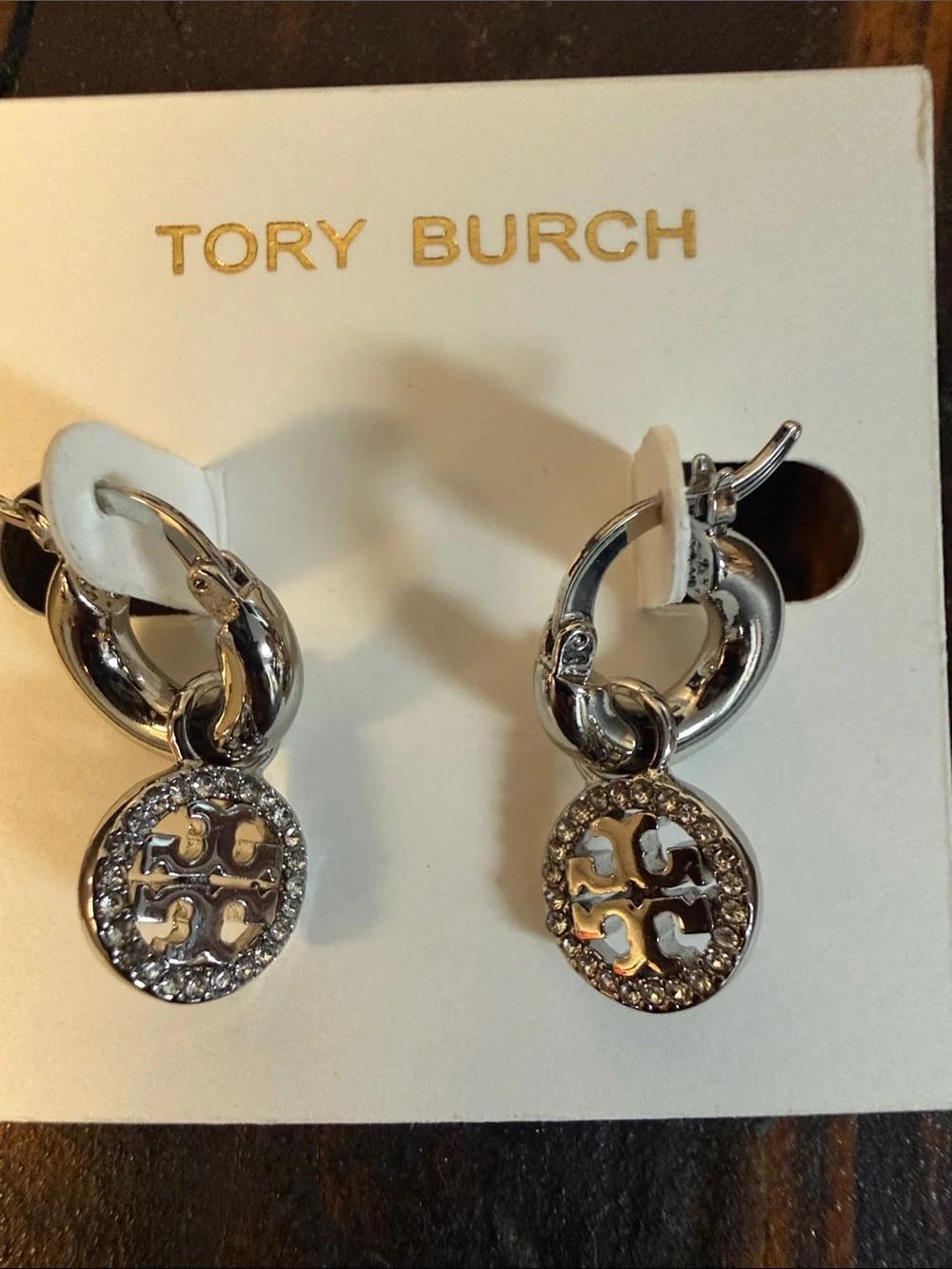 Tory Burch Silver Logo Drop Hoop Earrings